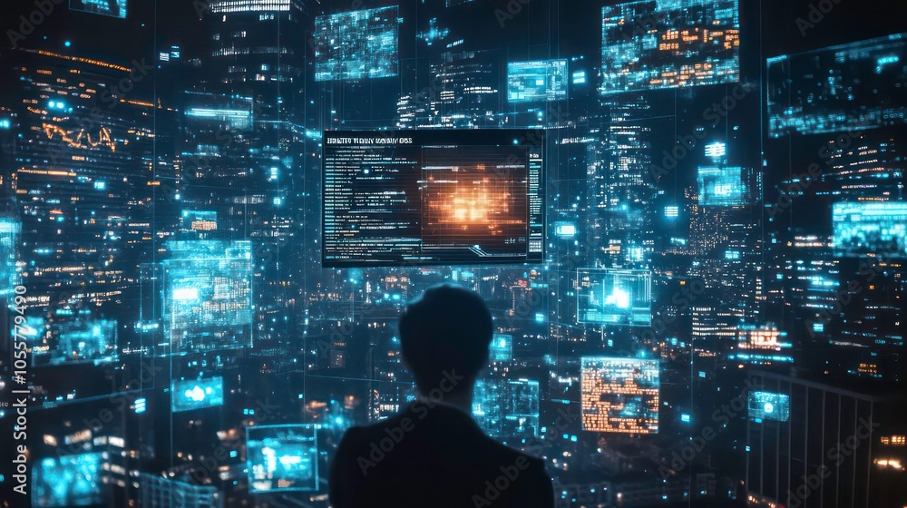 Poster A figure stands in front of a digital cityscape filled with screens and data visualizations.