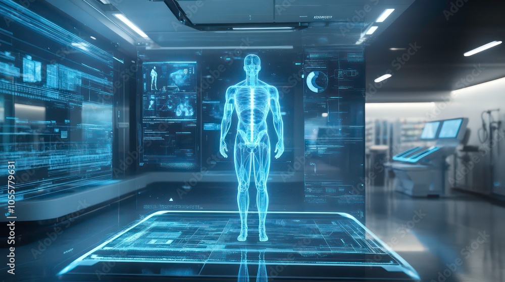 Poster a holographic human anatomy display in a futuristic lab setting.