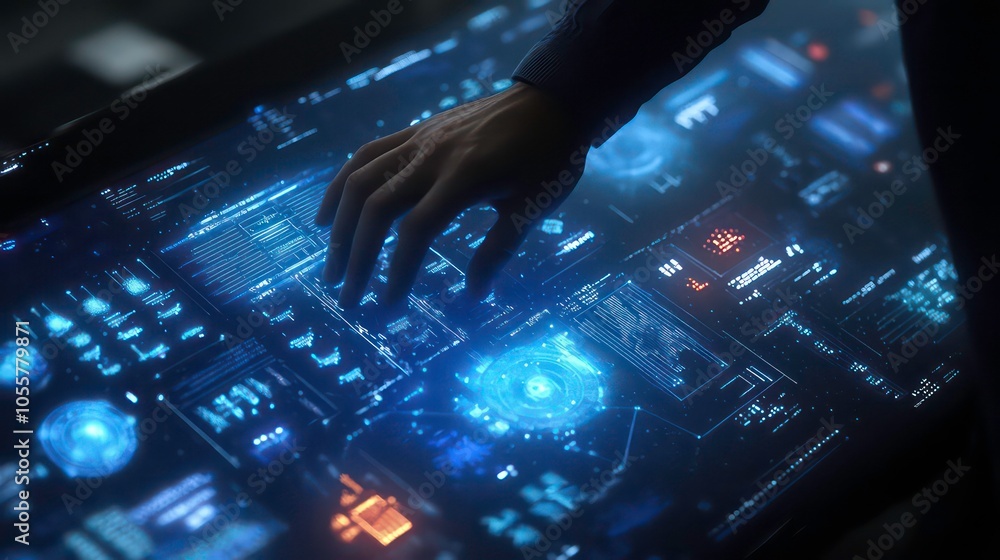 Poster A hand interacts with a futuristic touchscreen displaying complex data and graphics.