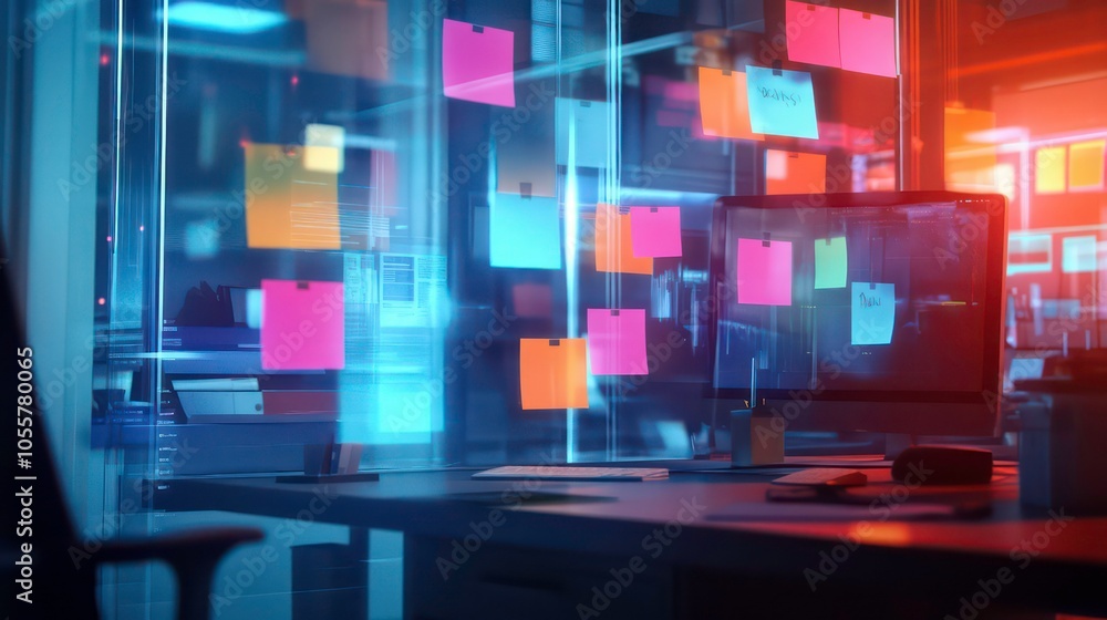 Poster an office space with colorful sticky notes and a computer, suggesting brainstorming and planning.
