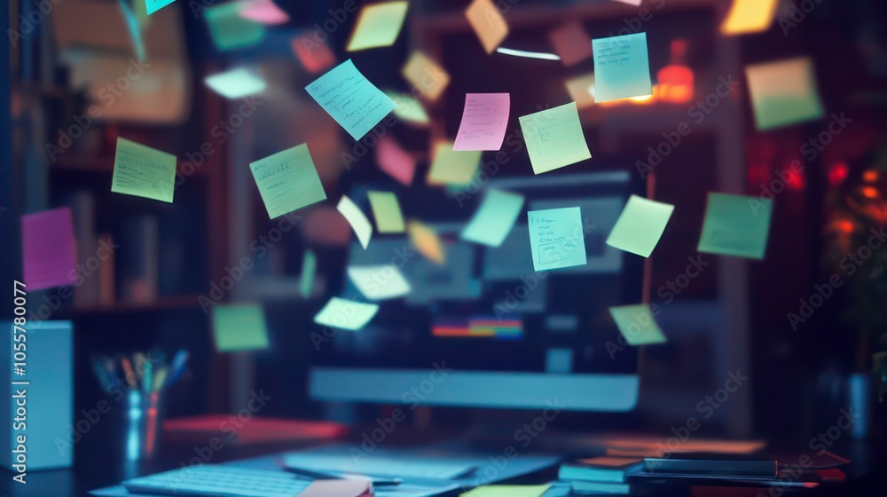 Leinwandbilder A workspace with floating sticky notes, suggesting brainstorming or idea organization.