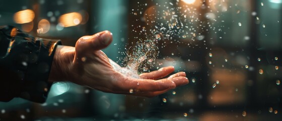An outstretched hand catching shimmering particles, creating a magical and enchanting moment against a glowing backdrop.