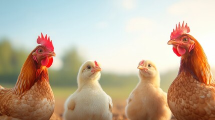 Fototapeta premium Family of Chickens Enjoying a Dust Bath Outdoors
