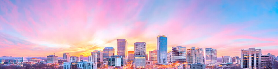 Fototapeta premium A city skyline with a beautiful sunset in the background