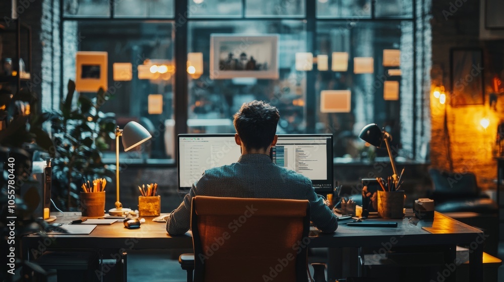 Aufkleber man working late in a stylish office with a dual monitor setup