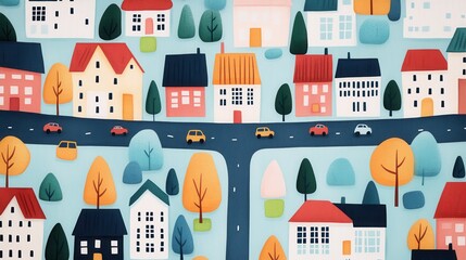 Colorful Cartoon Map of a Small City with Streets