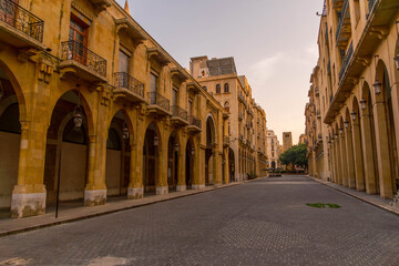 Fototapeta premium The empty Beirut downtown at Nejmeh Square (Place de l'Etoile), the central part of Lebanon capital with famous architecture. 