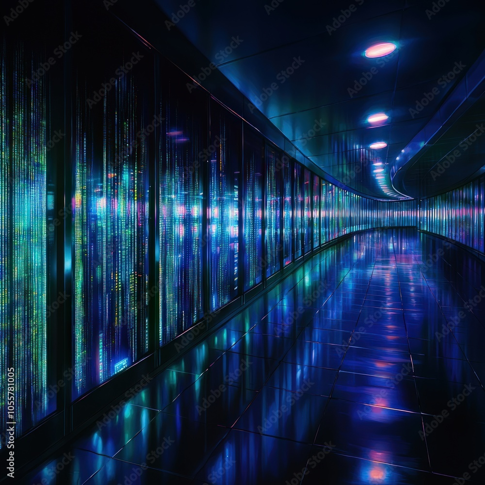 Aufkleber exploring the futuristic depths of data centers with neon lights and endless rows of servers