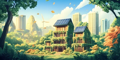 Modern sustainable city with greenery-covered buildings, renewable energy, and sunlight, creating a peaceful, balanced setting.