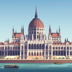 Fototapeta premium A picturesque illustration of the Hungarian Parliament Building with a river in the foreground.