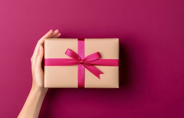Beautifully wrapped gift box with red ribbon sits elegantly on a deep red background