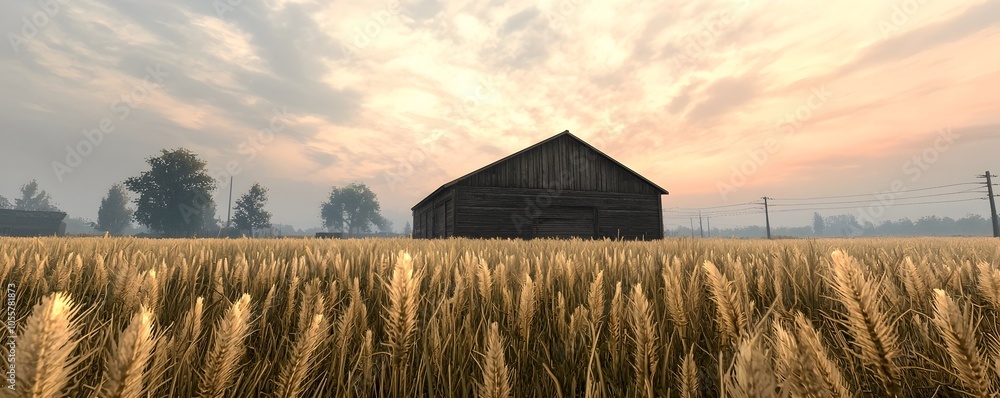 Poster serene rustic open field at dusk - breathtaking natural landscape with soft glow and tranquil vibes 