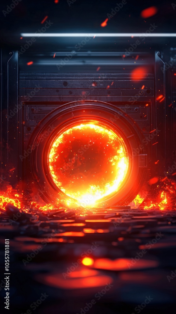 Poster exploring the fiery depths of an otherworldly portal in a futuristic setting