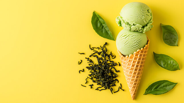 Green tea ice cream cone on bright yellow background