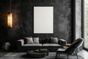 Modern living room with a black sofa, armchair, and a large framed poster on a dark wall.