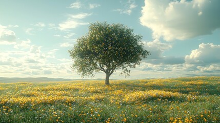 Solitary Tree in a Field of Yellow Wildflowers