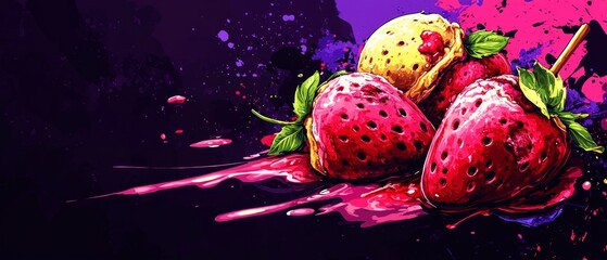 A colorful depiction of ice cream complemented by fresh strawberries, with vibrant hues creating an appetizing and artistic display of flavors