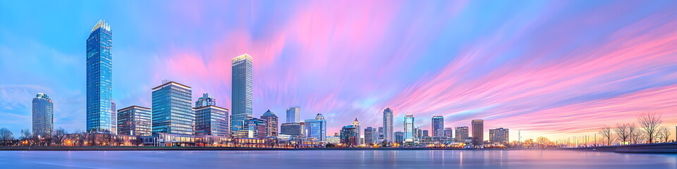 Obraz premium A city skyline with a large building in the middle