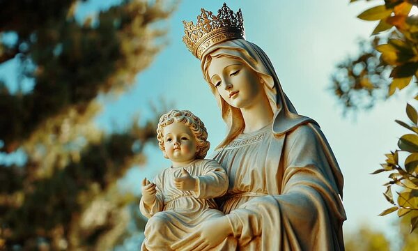 A Statue of The Virgin Mary Holding The Baby Jesus