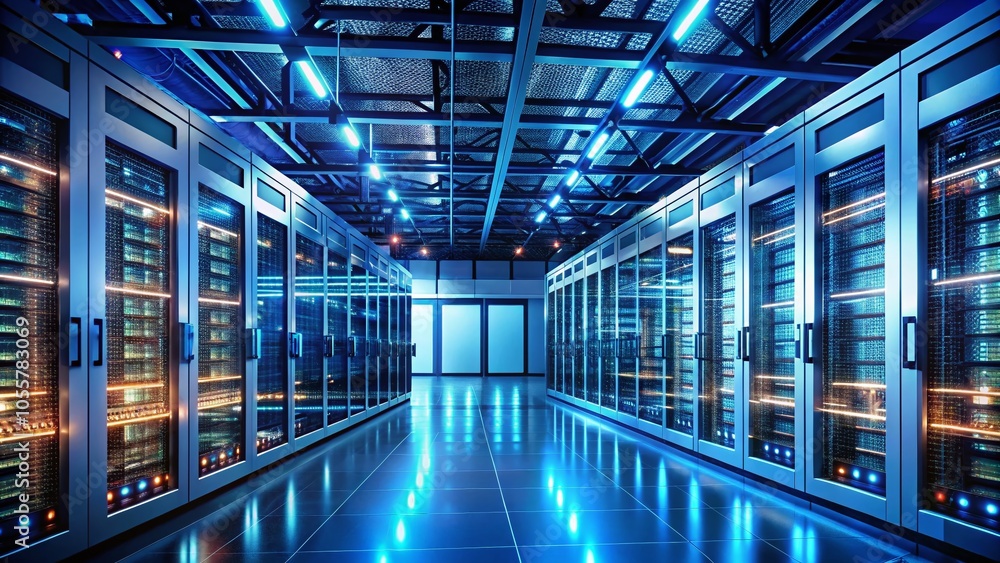 Poster cutting-edge corporate data server cluster room - compact all-in-one data center and network devices