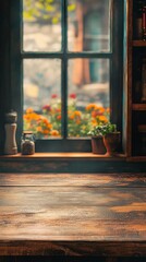 Rustic wooden table by a window framing vibrant marigolds outside, creating a cozy interior ambiance with soft natural light and potted herbs on sill.