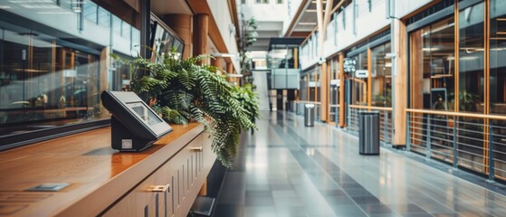 Fototapeta premium A modern, open hallway with architectural features, lush greenery, and sleek design elements, balancing nature and sophistication.