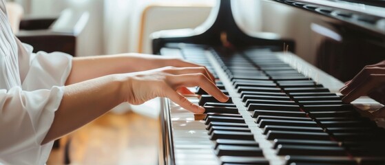 Delicate fingers play a grand piano, evoking a sense of elegance and passion in a sunlit room filled with timeless melodies.