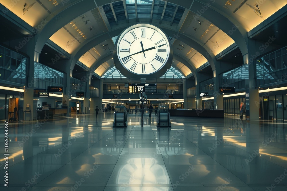 Poster empty airport terminal with a large clock hanging from the ceiling and few people walking