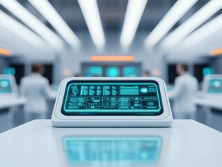 Futuristic display panel in a high-tech laboratory setting showcasing advanced data interface and sleek design.