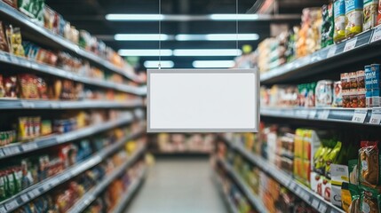 Fototapeta premium Supermarket aisle with fully stocked shelves and a blank white sign in the center, perfect for adding your own message or product advertisement.