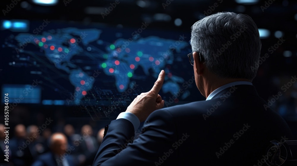 Poster strategic global insights a leader analyzing data in a modern conference setting