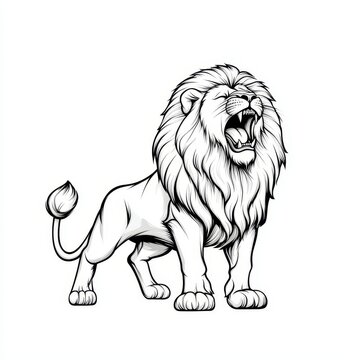 recommend clip art: In the form of a lion pouncing, with a flowing mane, it is drawn in the engraving style, as a generative raster image. Scratching board representation.