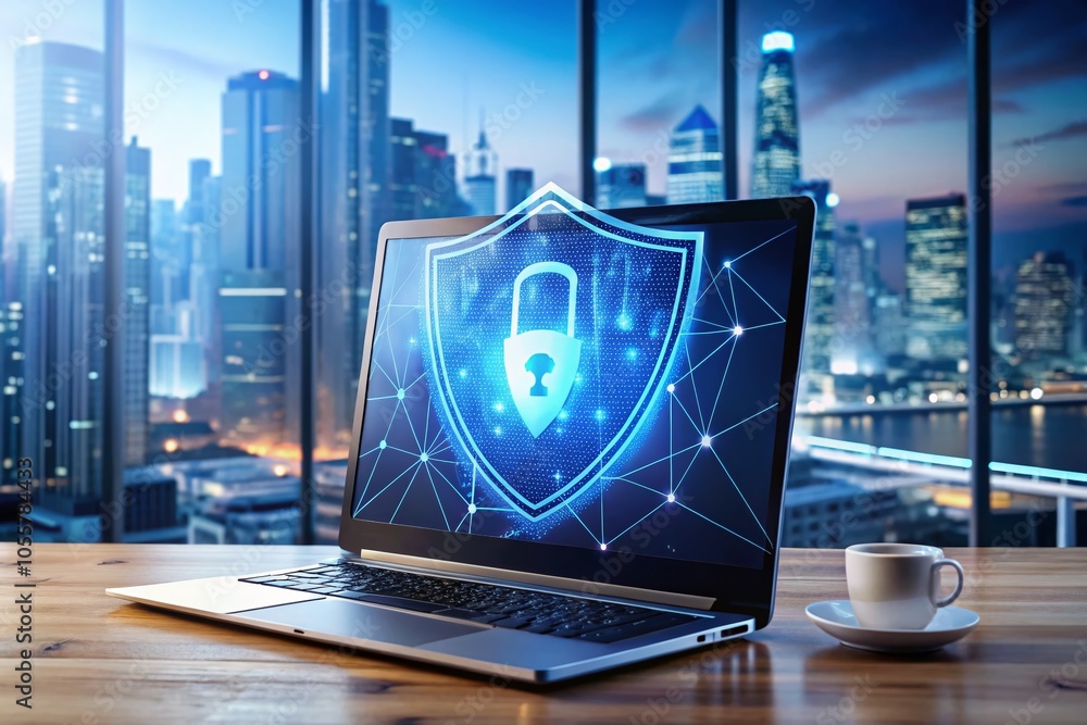 Poster data protection on laptop with shield and lock - internet security concept for confidential informat