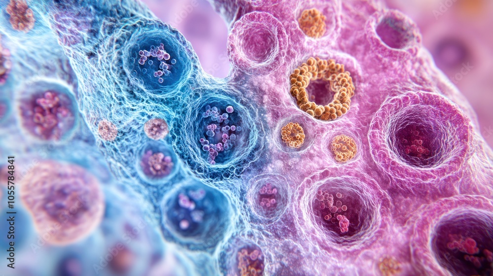 Poster colorful microscopic view of cellular structures and organisms.
