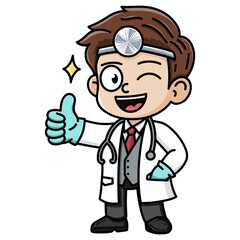 Smiling cartoon doctor character giving a thumbs up and winking. Wearing a white coat with stethoscope, head mirror, and gloves, conveying a friendly and professional vibe. Ideal for medical themes.