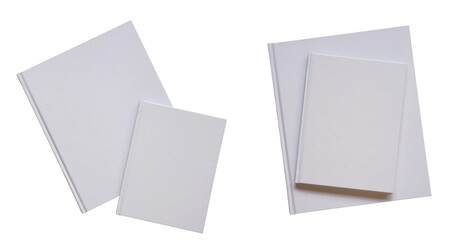 Set of Several blank books with white covers are displayed in various sizes and positions, creating a versatile mockup for book cover designs isolated on a white background