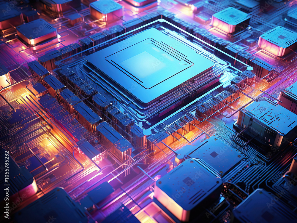 Poster 3d rendered microchip architecture illustration under microscope