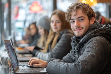 A young man smiles at the camera while using a laptop in a cafe with friends in the background.