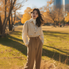 가을 셔츠 패션의 한국 미녀