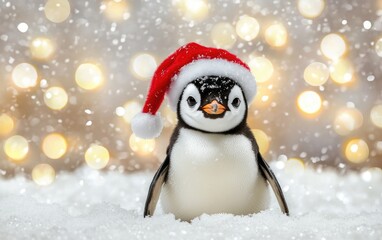 A cute penguin wearing a Christmas hat, on a white snow background with bokeh lights