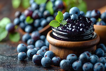 Fresh Blueberry Jam in Rustic Wooden Bowl with Mint Garnish for Culinary Design