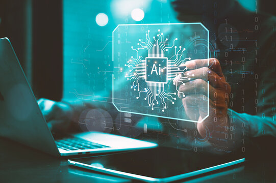 Programmer working laptops with AI, artificial intelligence software engineer coding on laptop computers with technology icons and binary code.
 - Powered by Adobe