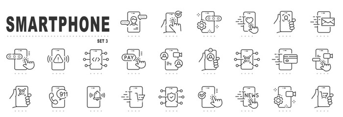 Set of smartphone related line icons. Device, message, phone, call, app, screen etc. Editable stroke. Set 3