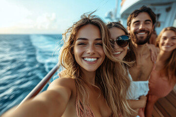 Fototapeta premium Friends taking a selfie on the deck of a cruise ship, carefree group on an ocean adventure, excitement during a leisure voyage