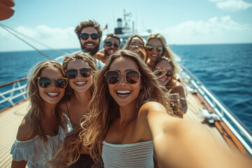 Friends taking a selfie on the deck of a cruise ship, smiling during a fun travel experience, enjoying friendship and sea views