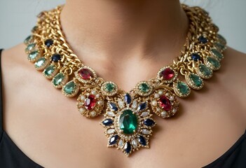 Close up of luxurious exquisite vintage luxury necklace decorated with intricate gold patterns and elegant gemstones, jewelry, accessory, fashion