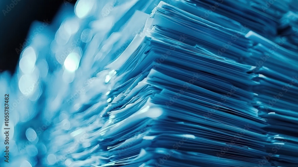 Poster exploring the intricacies of stacked paperwork and documentation in a modern office environment