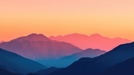 Obraz premium Serene sunset sky in shades of orange and pink featuring silhouetted mountains below perfect as a backdrop for subjects placed in the foreground