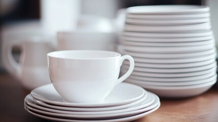 Fototapeta premium A cup alongside several white dishes arranged on a tabletop
