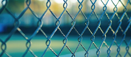 Fototapeta premium Metal Mesh On A Blurred Background Of A Tennis Court With Players Selective Focus